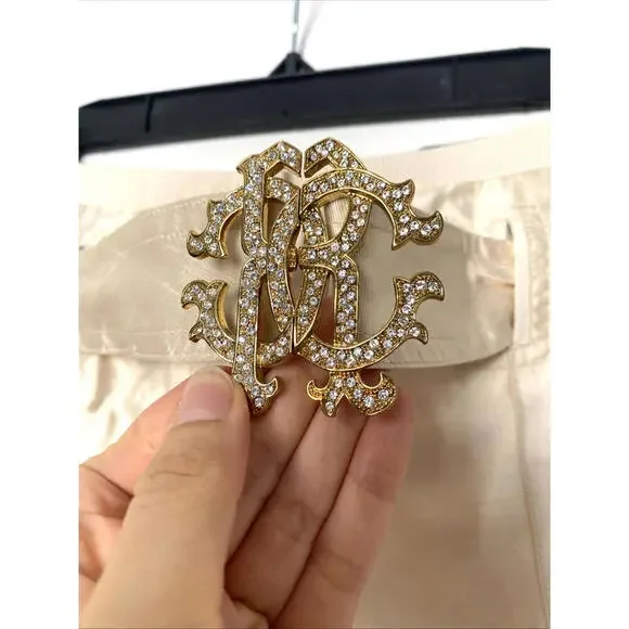 Vintage Roberto US-2 Cavalli Cream Silk Rhinestone Brooch Belt Pants IT-38 Small - Picture 3 of 9